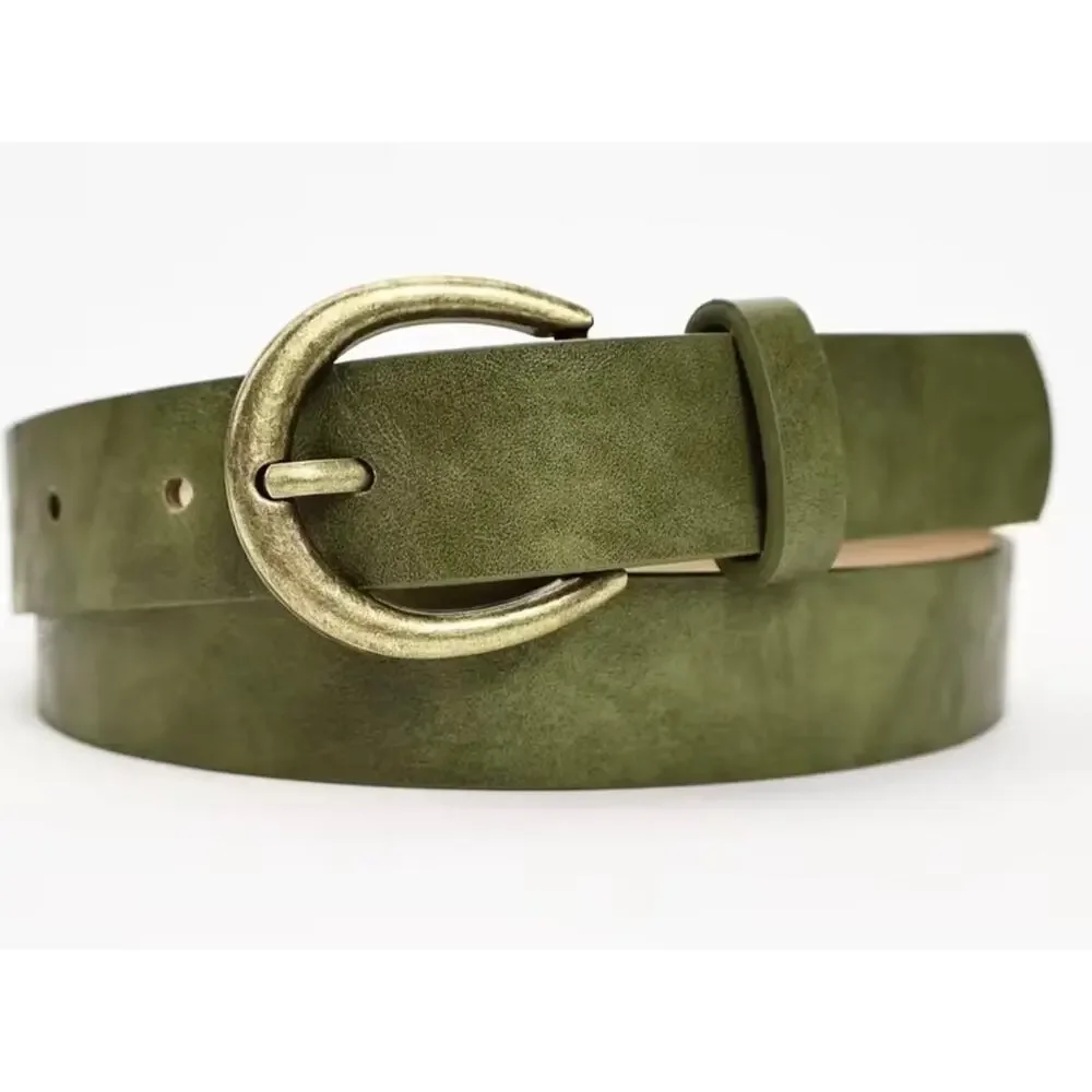NW0T Madewell Olive Green Faux Leather Belt Antique Gold Buckle Boho Fall 44 “
